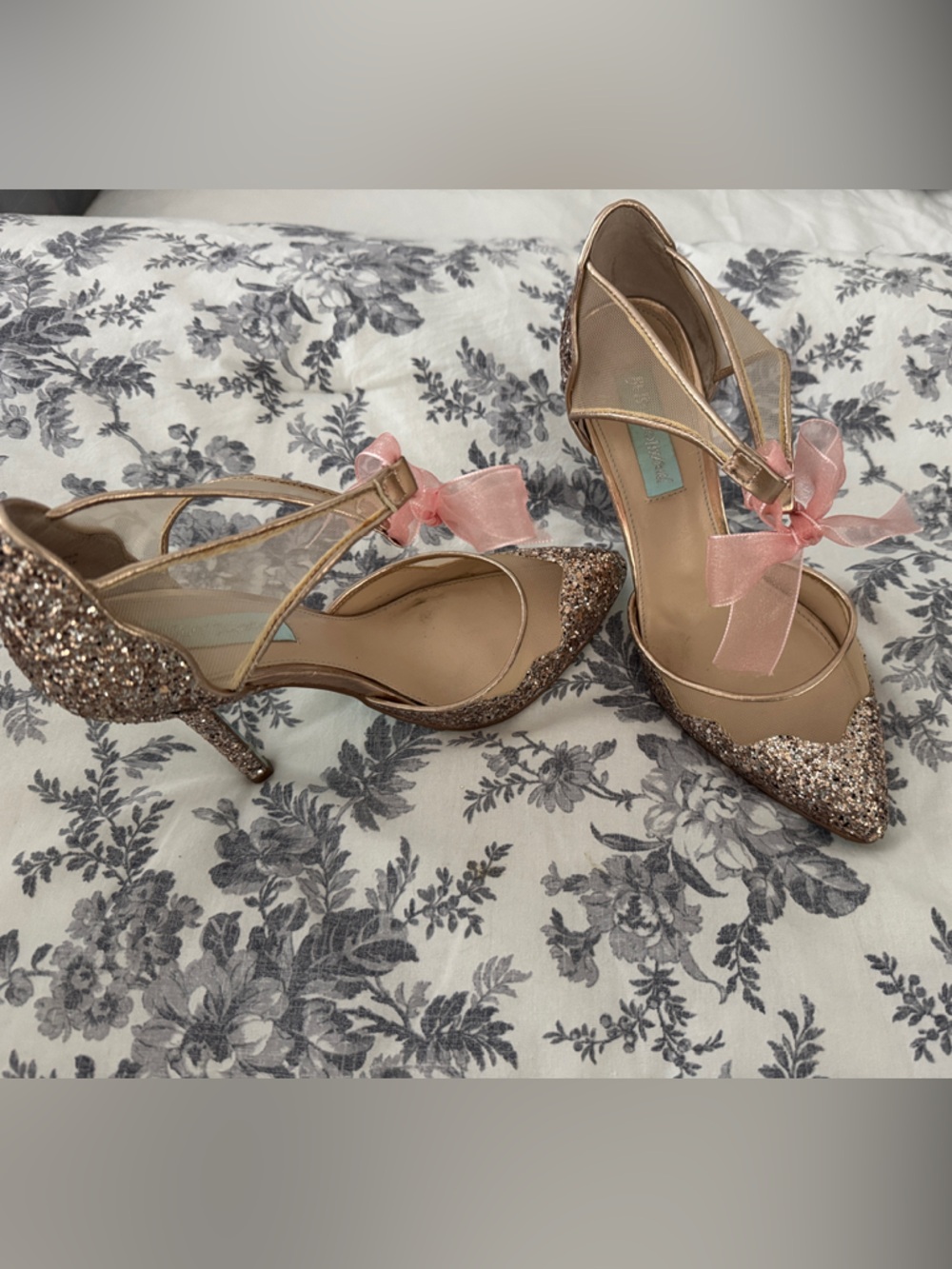 Betsey Johnson Stellas. Rose Gold Glitter T-Strap Heels with Pink Ribbon